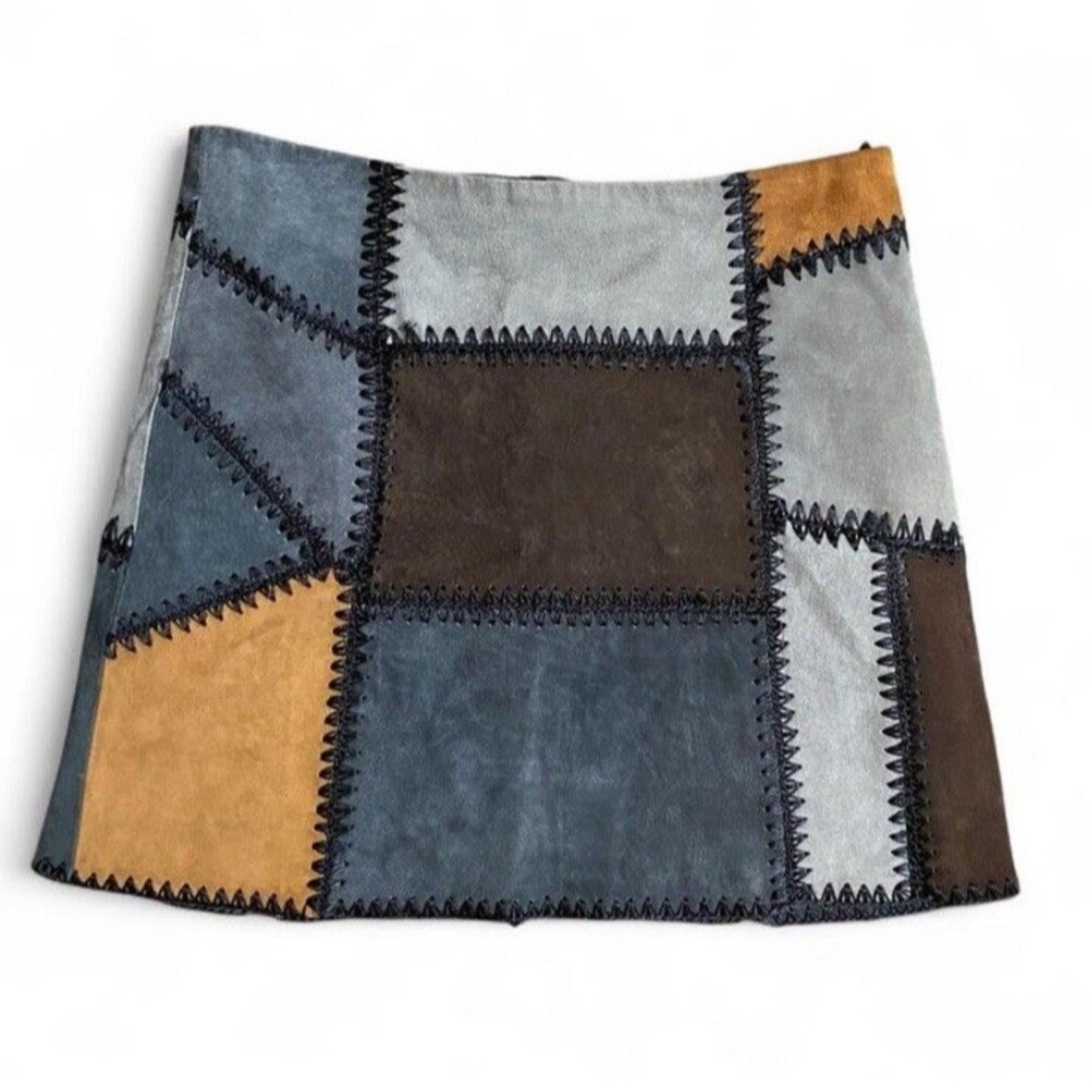 Zara 100% Leather Patchwork Mini Skirt Colorblock Statement Suede Y2K Festival